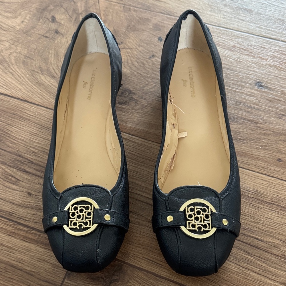 Liz Claiborne Black Flats With Gold Medallion